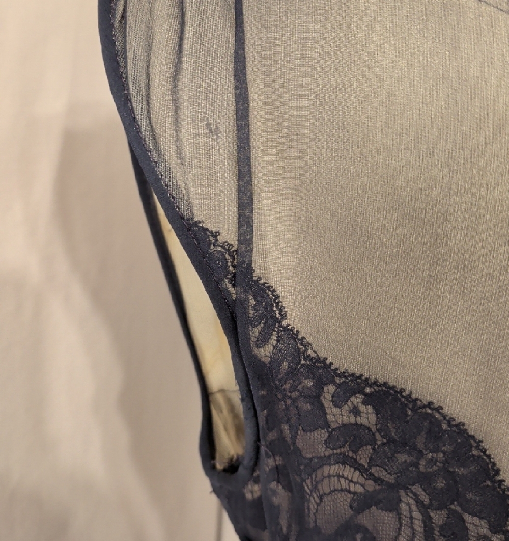 40s 50s Elegant Navy Sheer Lace Yoke Chiffon Drapef Bubble Hem Cocktail Dress - Picture 8 of 16